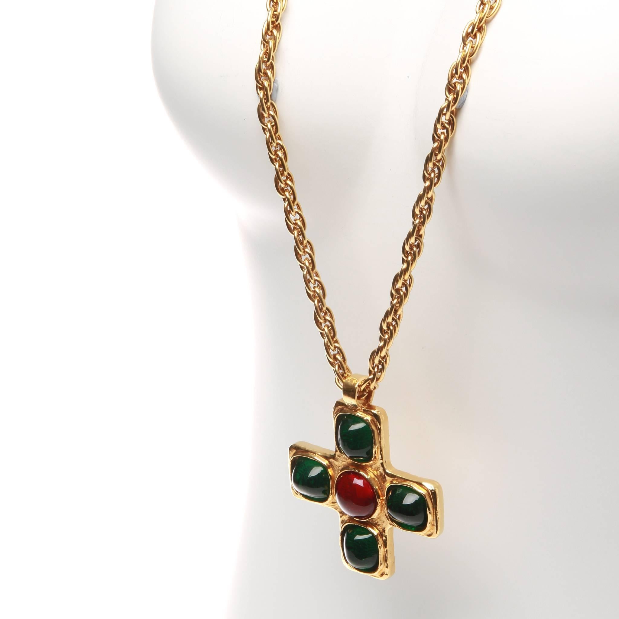 Vintage Chanel Byzantine cross necklace featuring green and red Gripoix in a gold-tone setting. 

Measurements: The necklace has a 17