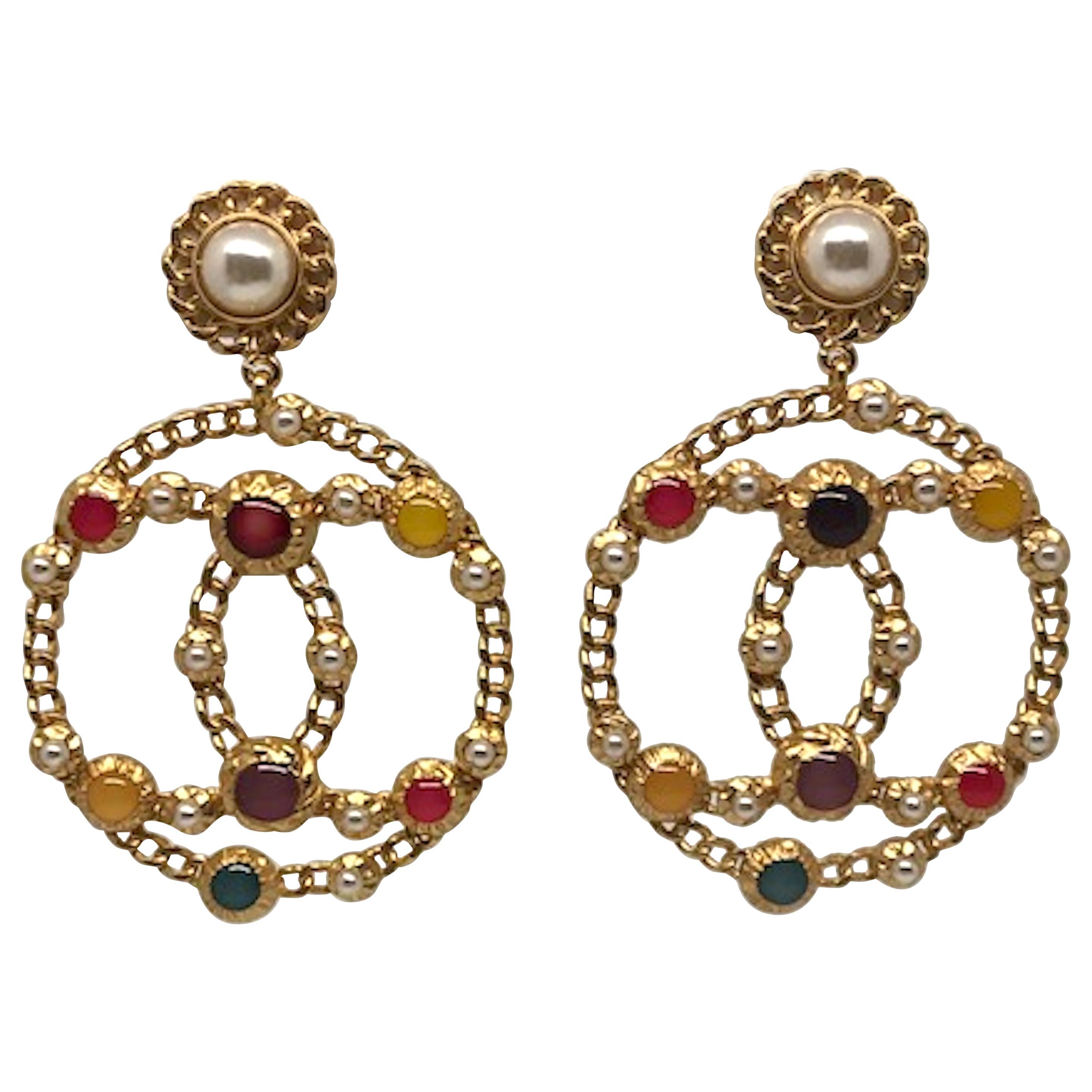 Chanel Gripoix Cabochon, Pearl and Enamel Large Pendant Earrings,  2018