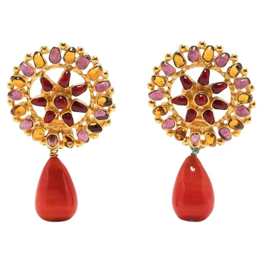 Chanel Gripoix Coral Drop Earrings Signed 1996