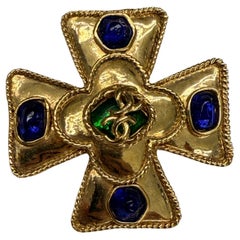 Chanel Gripoix Cross 95A Blue and Green Glass Brooch with CC logo