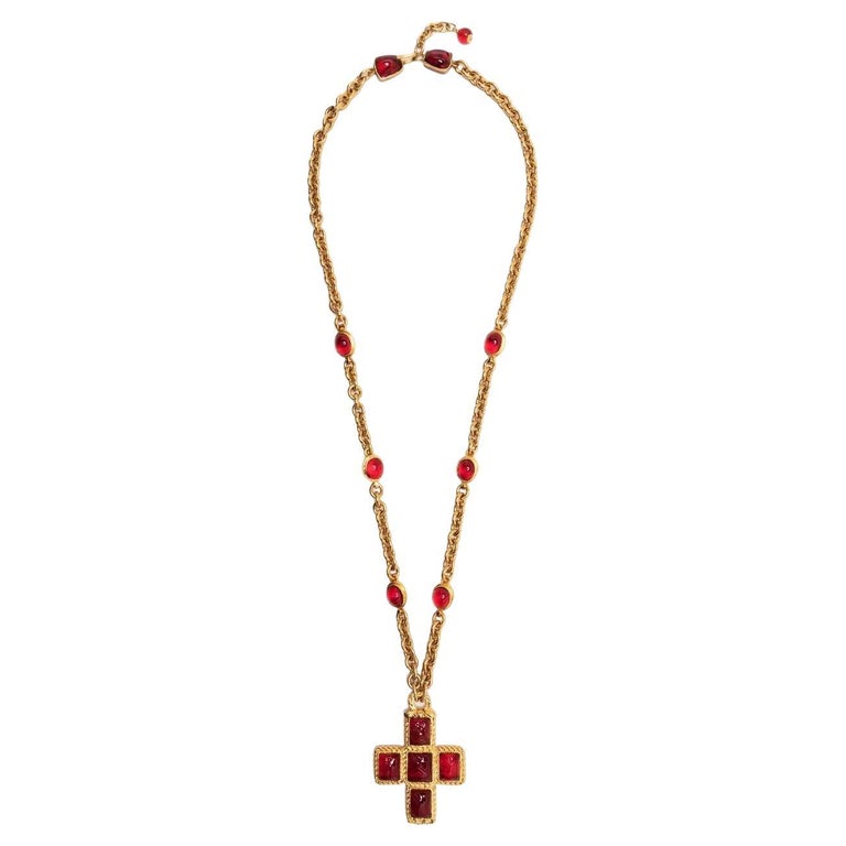 Maison Gripoix for Chanel - Vintage Chanel Cross Gripoix Double Chain Necklace French Byzantine Pearl