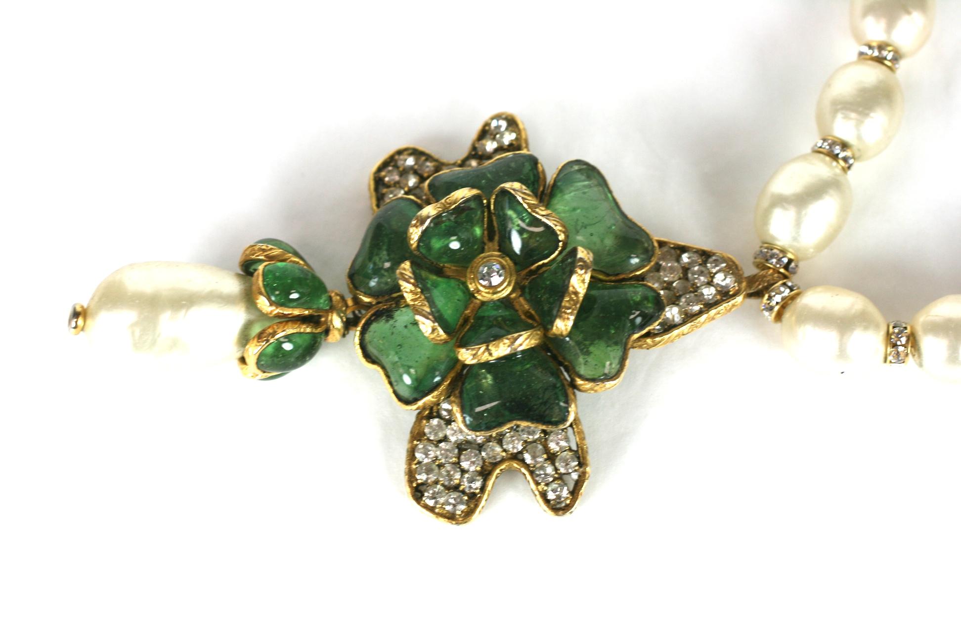 Women's Chanel Gripoix Emerald and Pearl Flower Necklace