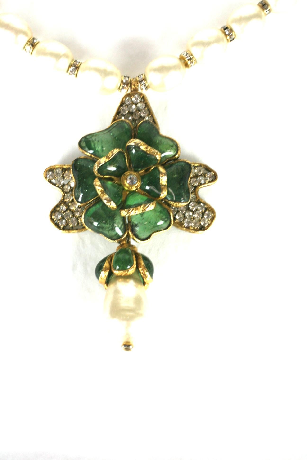 Chanel Gripoix Emerald and Pearl Flower Necklace 2