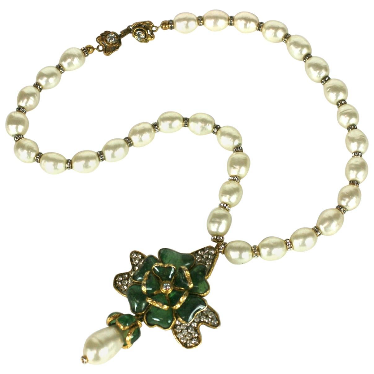 Chanel Gripoix Emerald and Pearl Flower Necklace