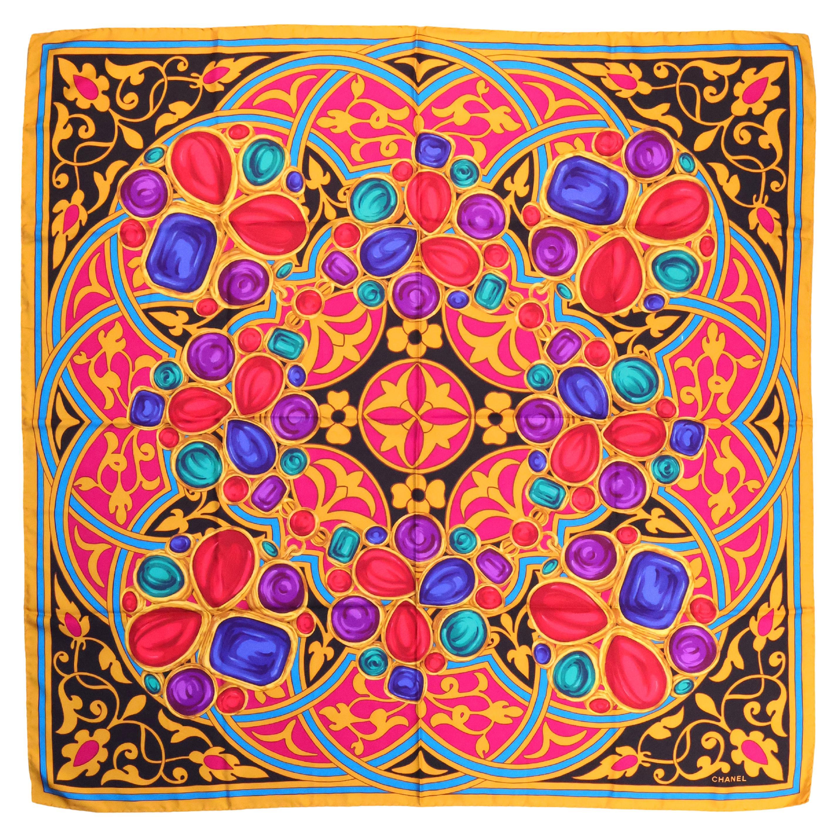 Chanel Gripoix Gemstone & Jewelry Motif 90cm Silk Twill Scarf, Italy 1994.