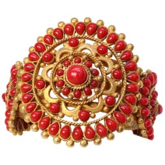 Chanel Gripoix gilded metal cuff bracelet with red cabochons, 1993