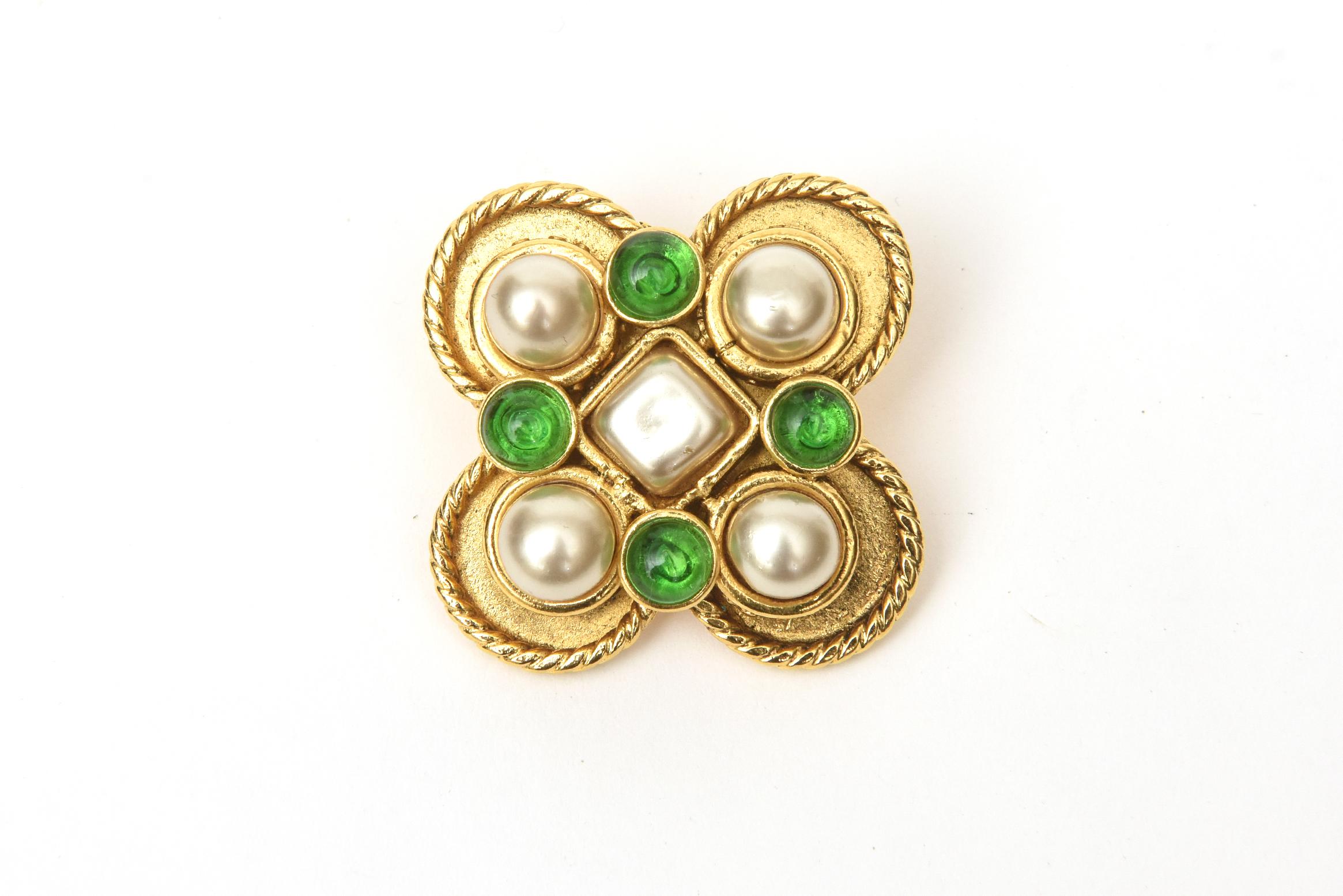 Bead Chanel Gripoix Green Glass and Faux Pearl Clip On Earrings