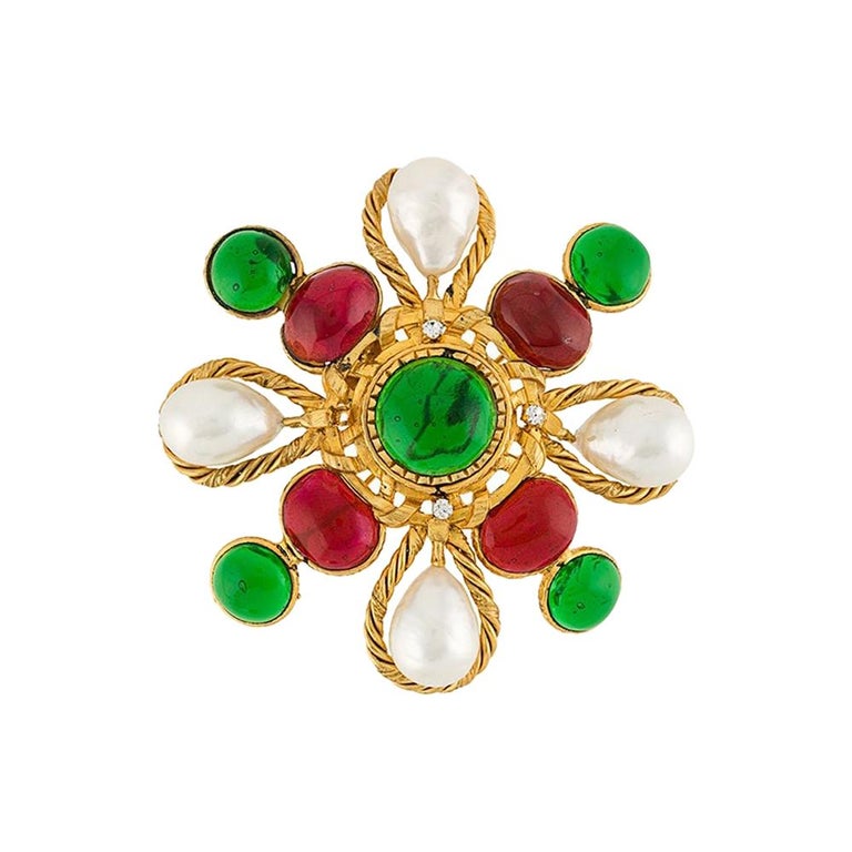 Broche Ancienne Plaque Cabochon Gripoix - Style Art Déco - Doré - Occasion Vintage