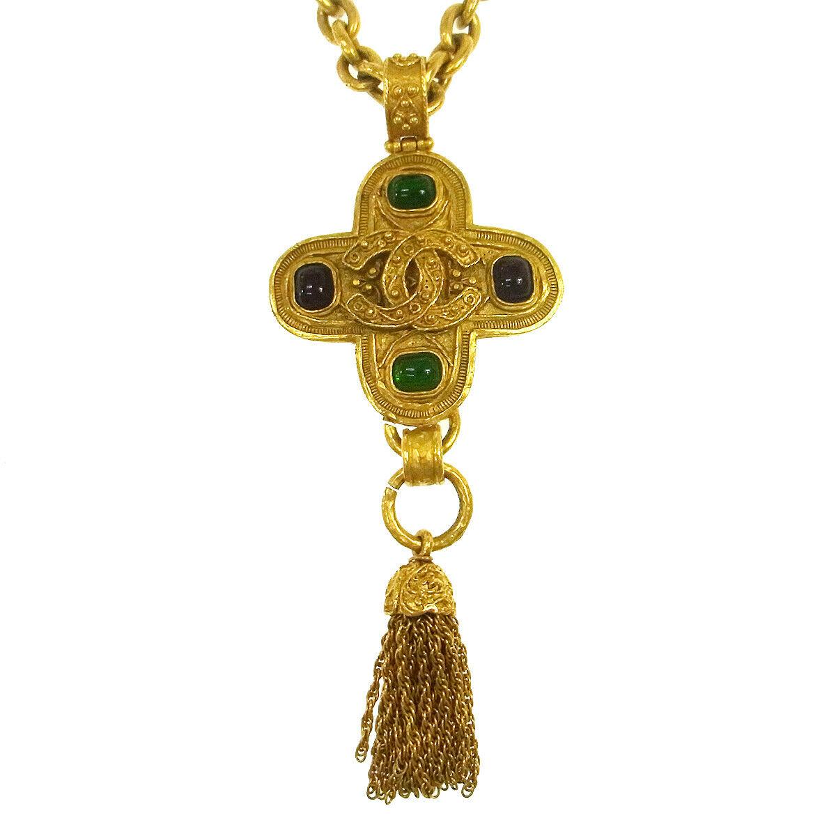 Chanel Gripoix Gold Charm Logo Cross Evening Drop Link Chain Necklace in Box In Excellent Condition In Chicago, IL