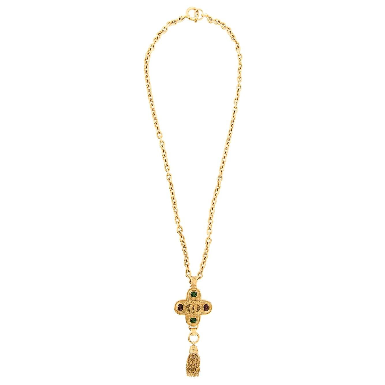 Chanel Gripoix Gold Charm Logo Cross Evening Drop Link Chain Necklace in Box