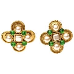 Chanel Gripoix Green Glass and Faux Pearl Clip On Earrings