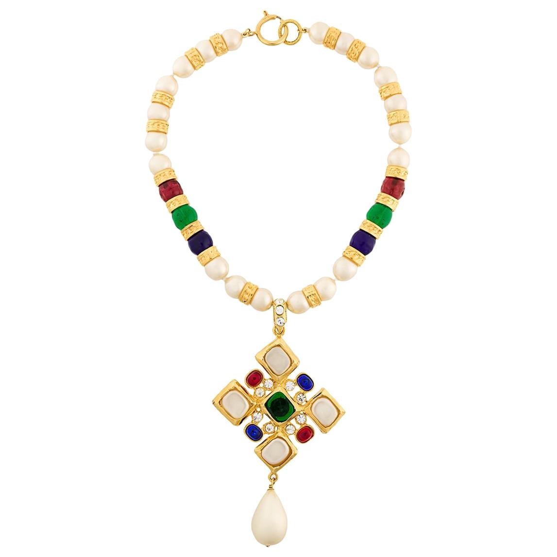 Chanel Gripoix Multicoloured Cross Necklace