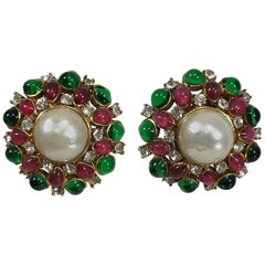 Chanel Gripoix Pink & Green Pearl & Rhinestone Earrings 1980s