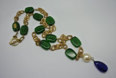 Chanel Gripoix Poured Glass blue green beaded drop Necklace