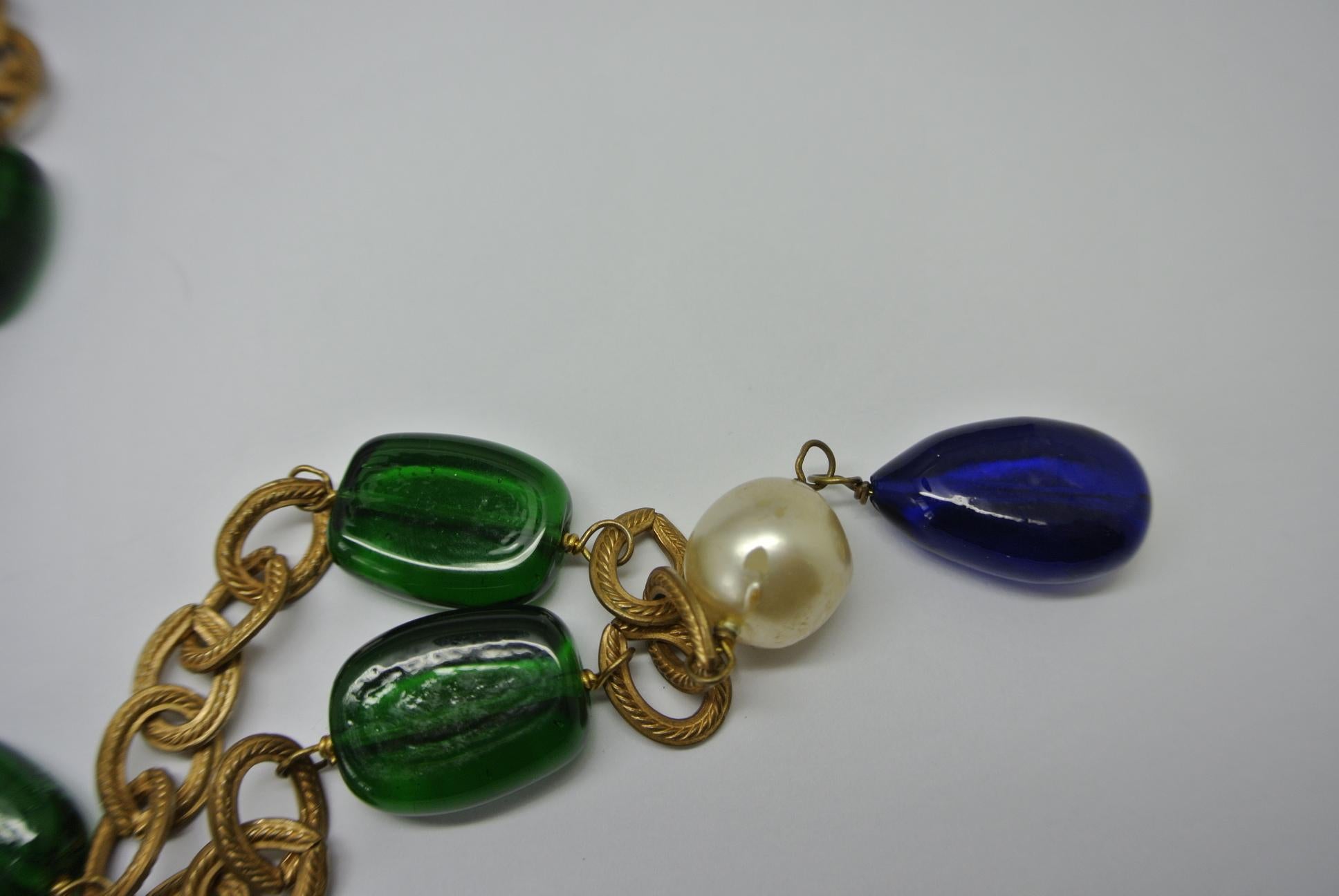 Women's or Men's Chanel Gripoix Poured Glass blue green beaded drop Necklace For Sale