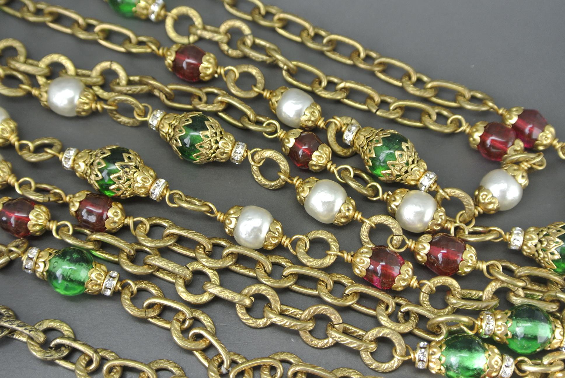 Artisan Chanel Gripoix Poured Glass red green gripoix beaded Filigree Chain Necklace For Sale