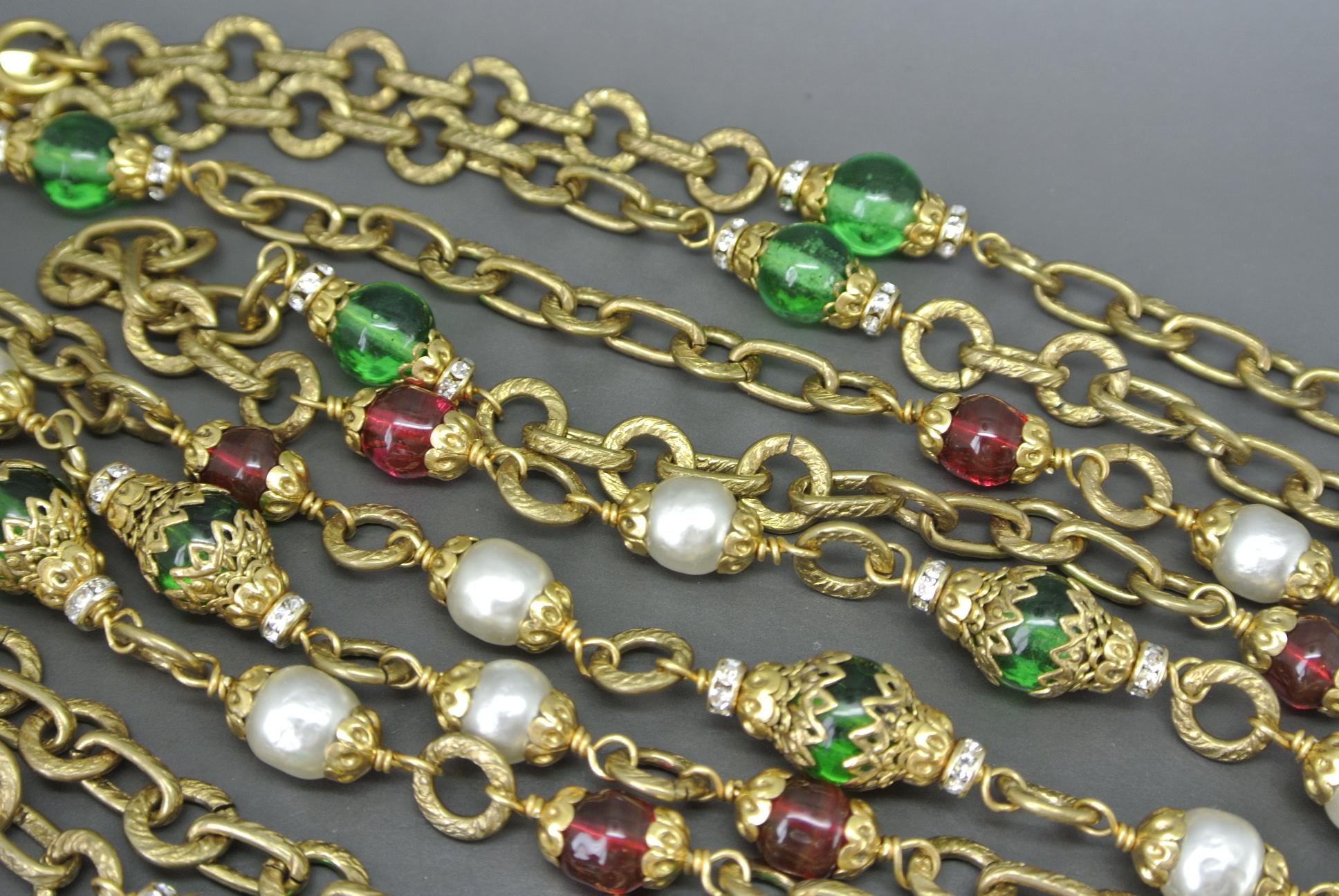 Chanel Gripoix Poured Glass red green gripoix beaded Filigree Chain Necklace For Sale 1