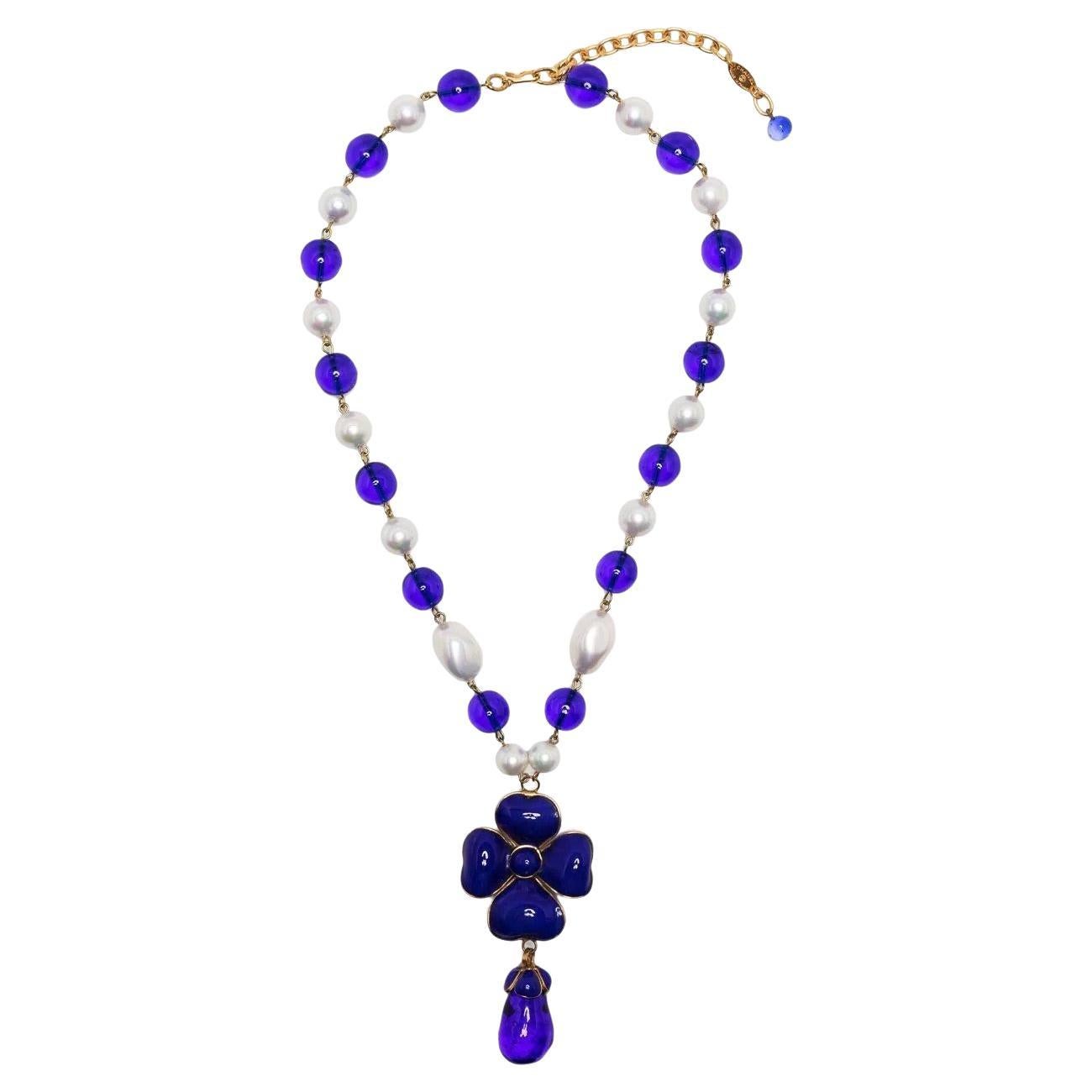 Chanel Gripoix Royal Blue Flower Necklace For Sale
