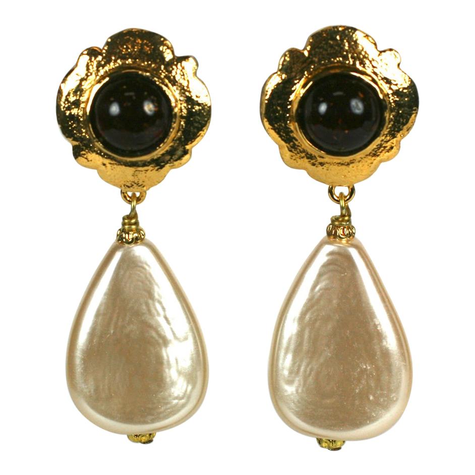 Chanel Gripoix Ruby Crackle Glass Pearl Drop Earrings For Sale