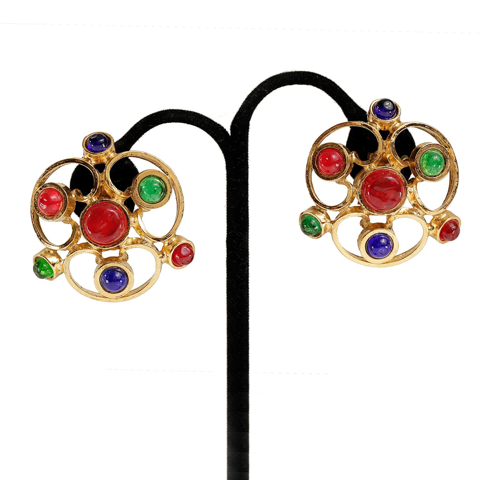 Chanel Gripoix Spiral Flower Clip On Earrings- Red Green Blue with Gold In Excellent Condition In Palm Beach, FL