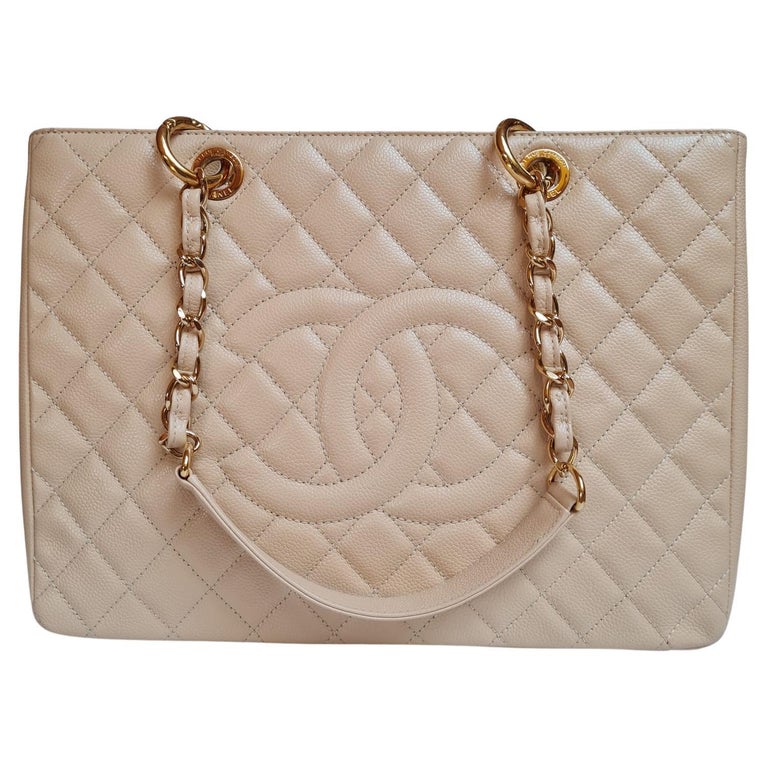 CHANEL Beige Caviar Leather Quilted Grand Shopper Tote GST - The
