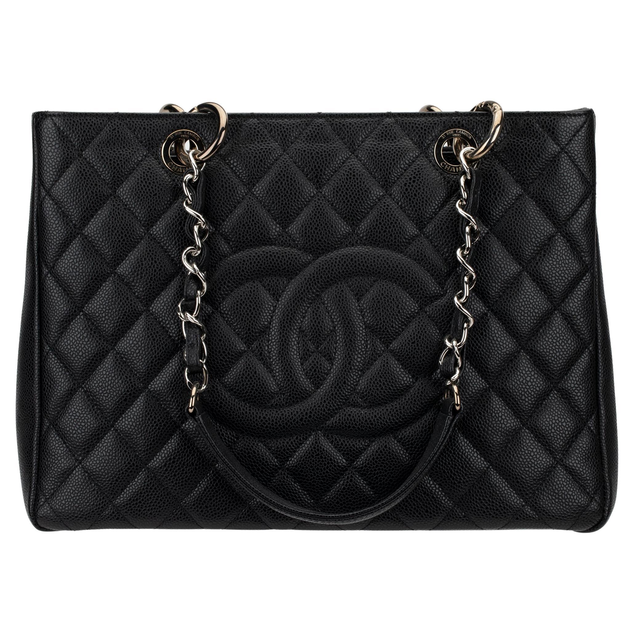 Chanel GST Black Quilted Caviar Leather Silver-Tone Hardware