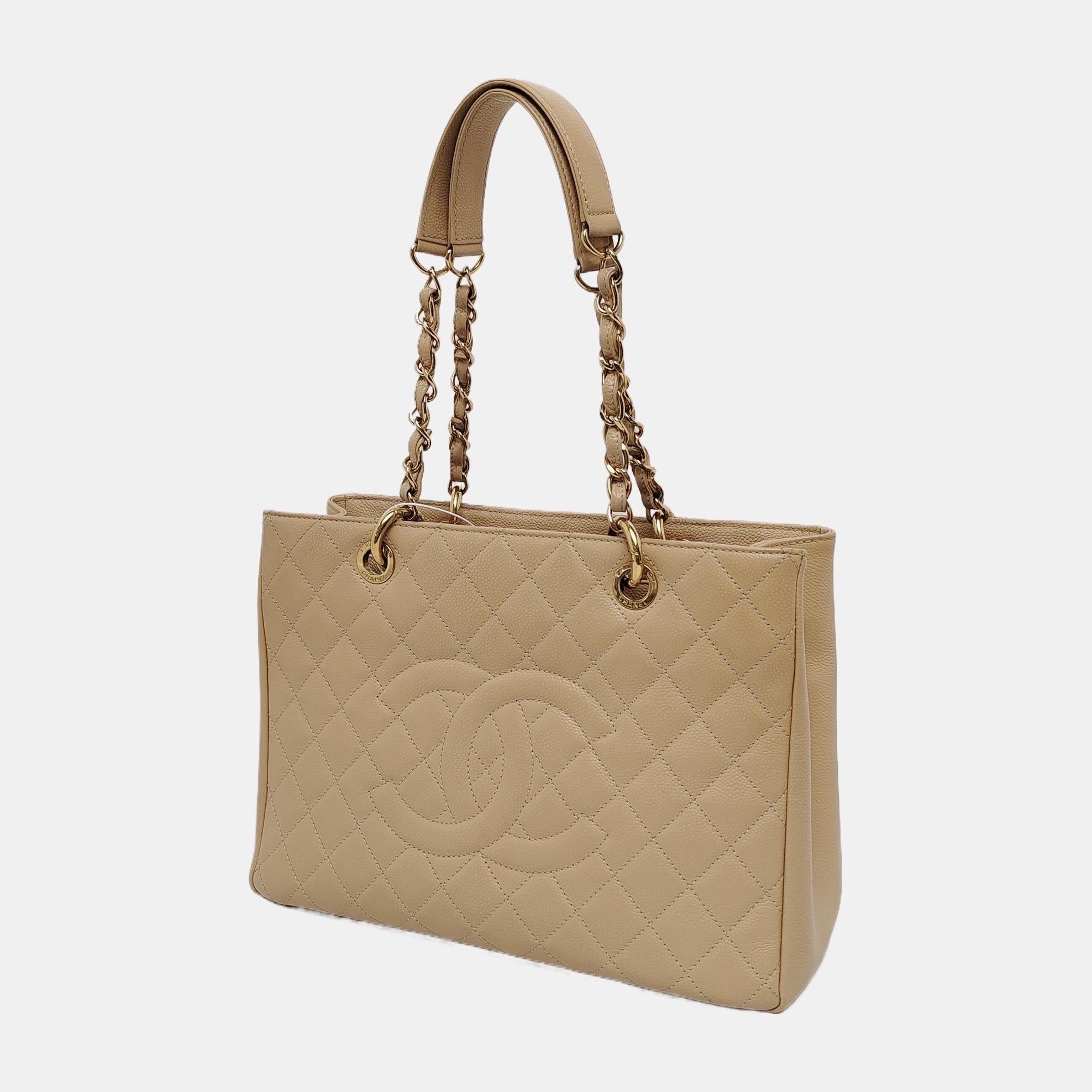 Brown Chanel GST Grand Shopping Tote Beige Caviar Leather GM Gold Hardware For Sale