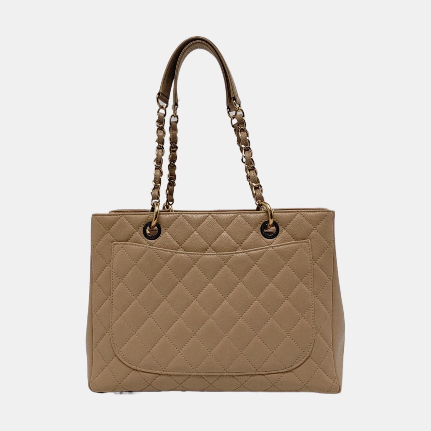 Chanel GST Grand Shopping Tote Beige Caviar Leather PM Gold Hardware For Sale 2