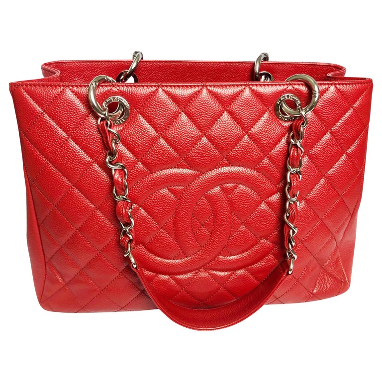 Chanel GST Grand Shopping Tote Shoulder Bag Red Caviar Leather Silver HW  2013