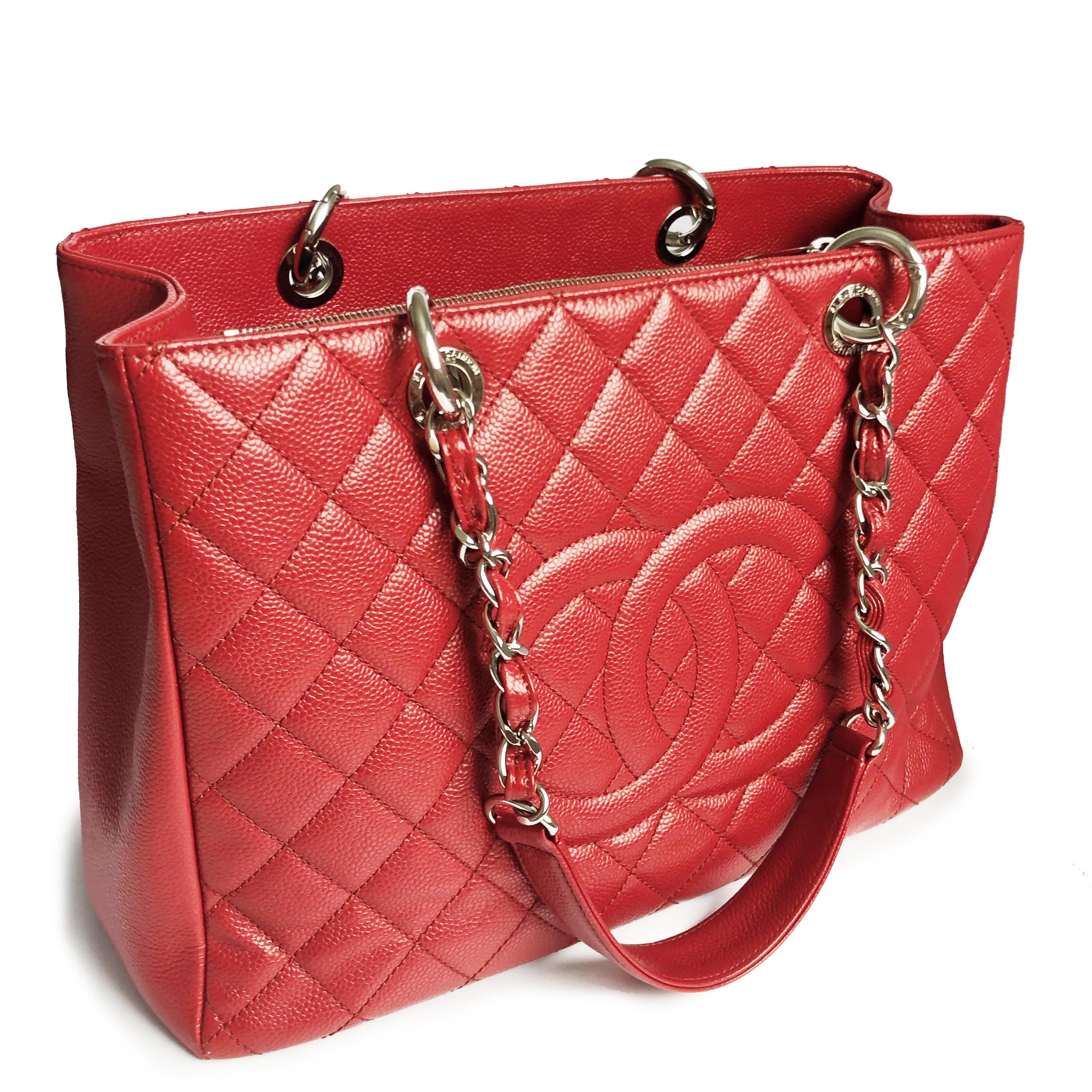 Women's or Men's Chanel GST Grand Shopping Tote Shoulder Bag Red Caviar Leather Silver HW 2013