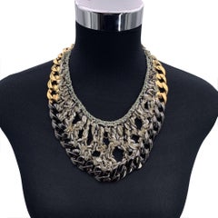 Chanel Gunmetal and Gold Metal Chain GreyTweed Bib Necklace