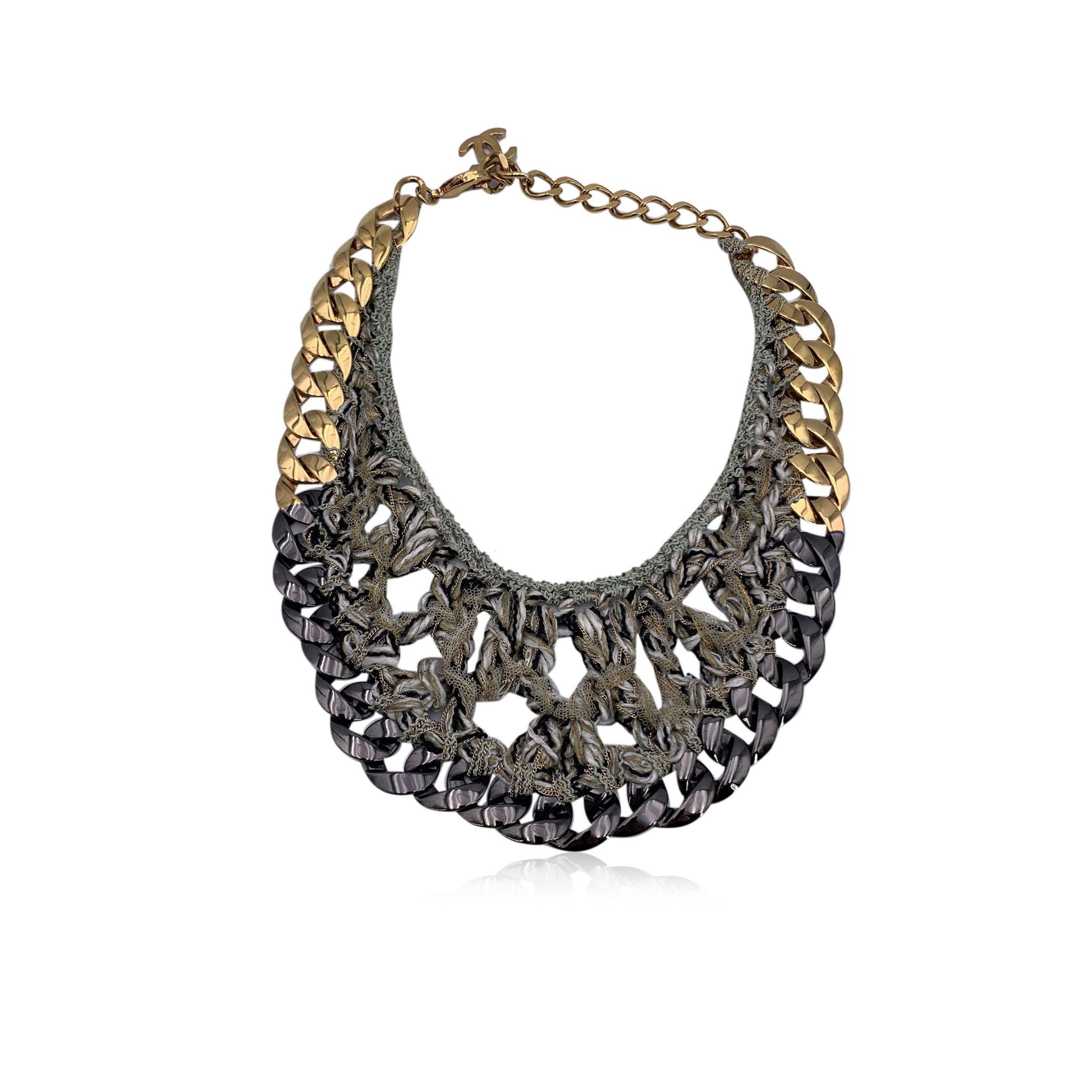 Chanel Gunmetal and Gold Metal Chain GreyTweed Bib Necklace For Sale 1