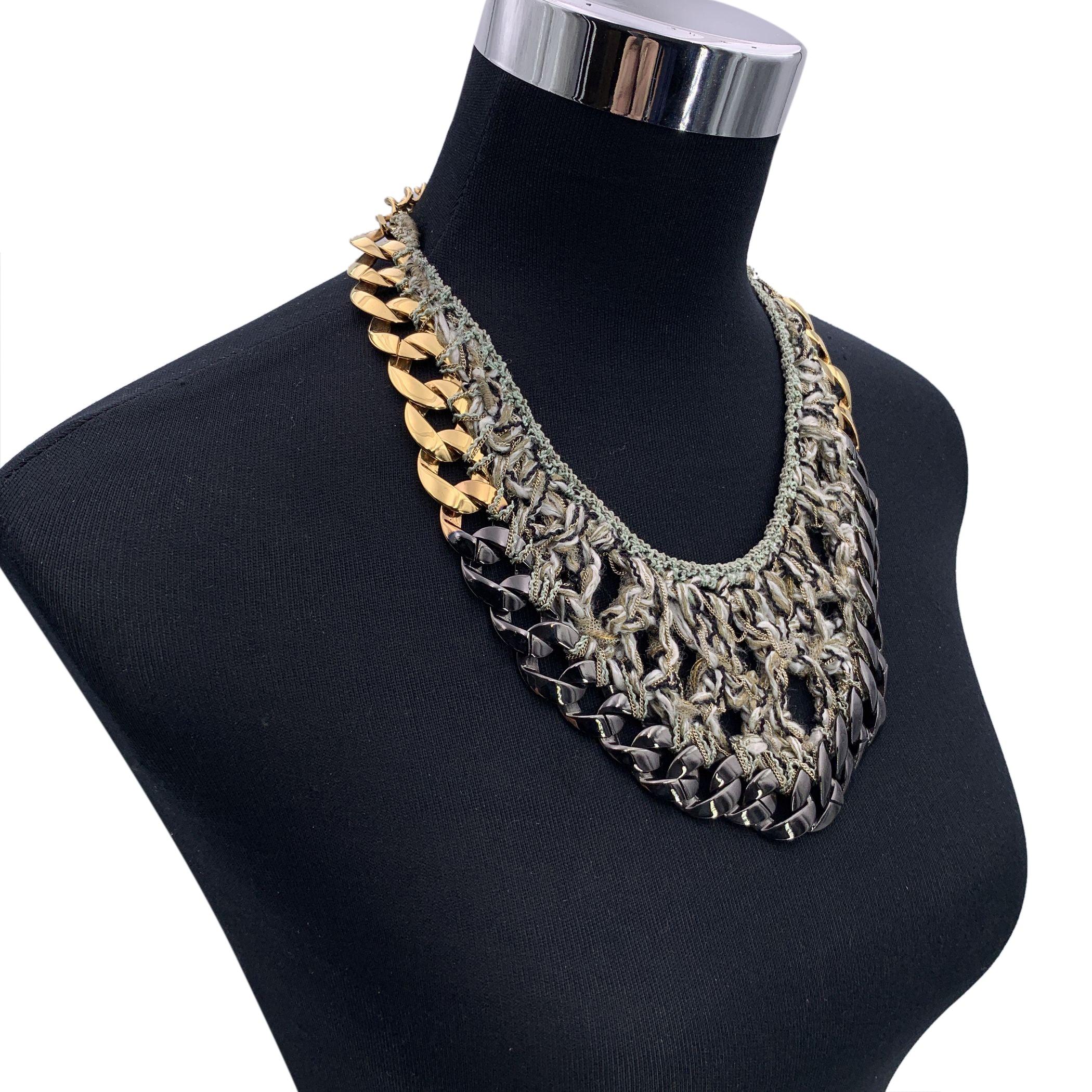 Chanel Gunmetal and Gold Metal Chain GreyTweed Bib Necklace For Sale 2