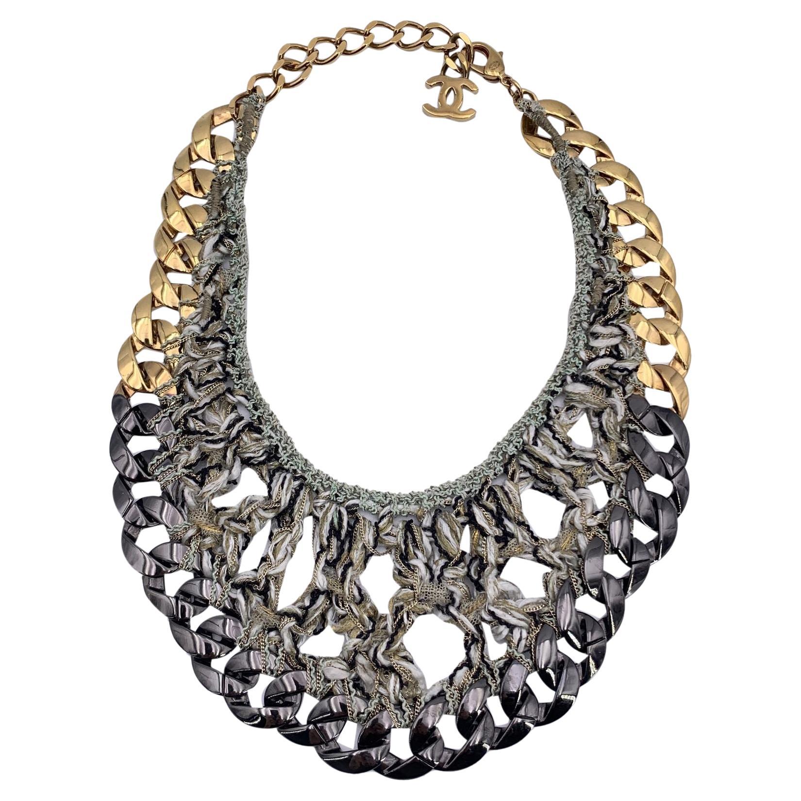 Chanel Gunmetal and Gold Metal Chain GreyTweed Bib Necklace For Sale