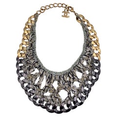 Chanel Gunmetal and Gold Metal Chain GreyTweed Bib Necklace