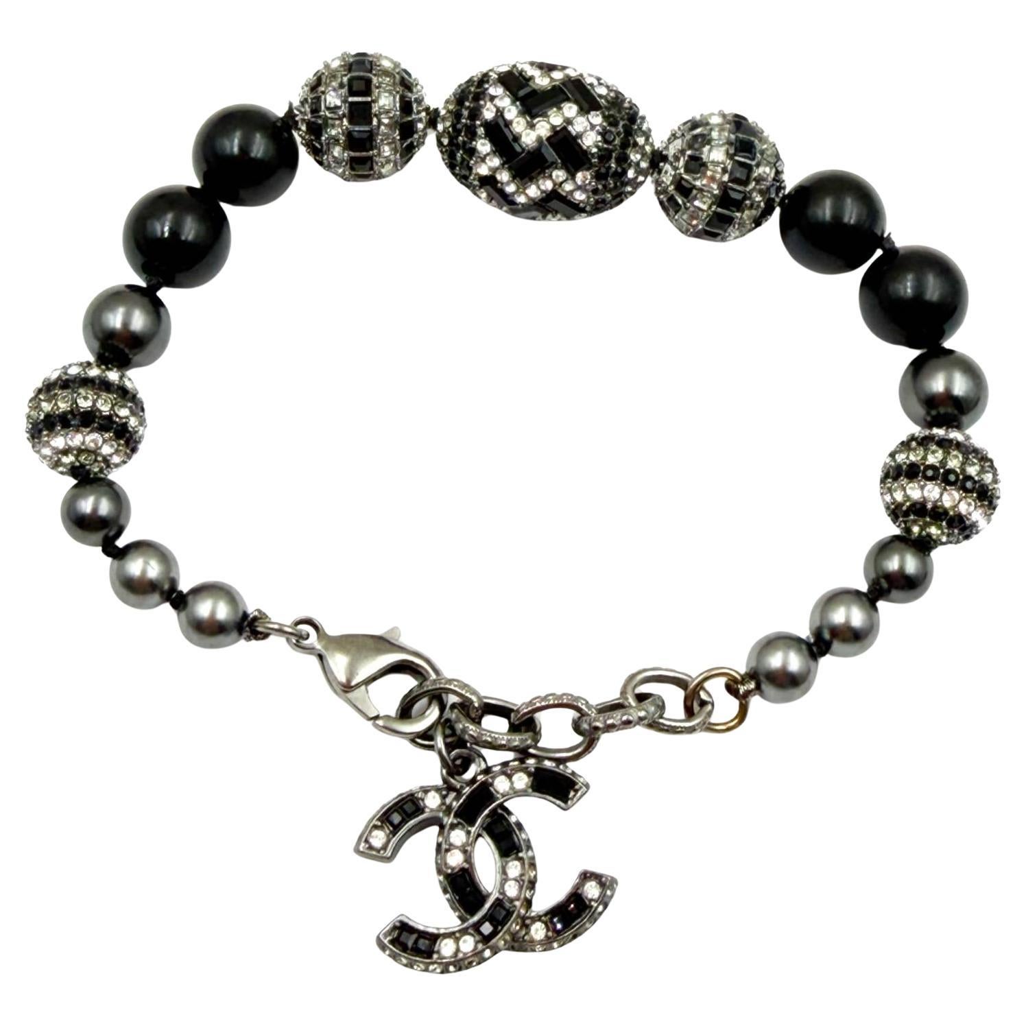 Chanel Gunmetal Art Deco Crystal Black Bead Bracelet For Sale