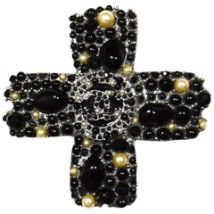 Chanel Gunmetal Black Stone/Faux Pearl CC Cross Brooch/Pendant