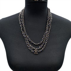Chanel Gunmetal Blue Leder Kette lange Halskette CC Turnlock Logo