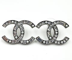 Chanel Gunmetal CC Baguette Princess Crystal Pearl Large Piercing Earrings