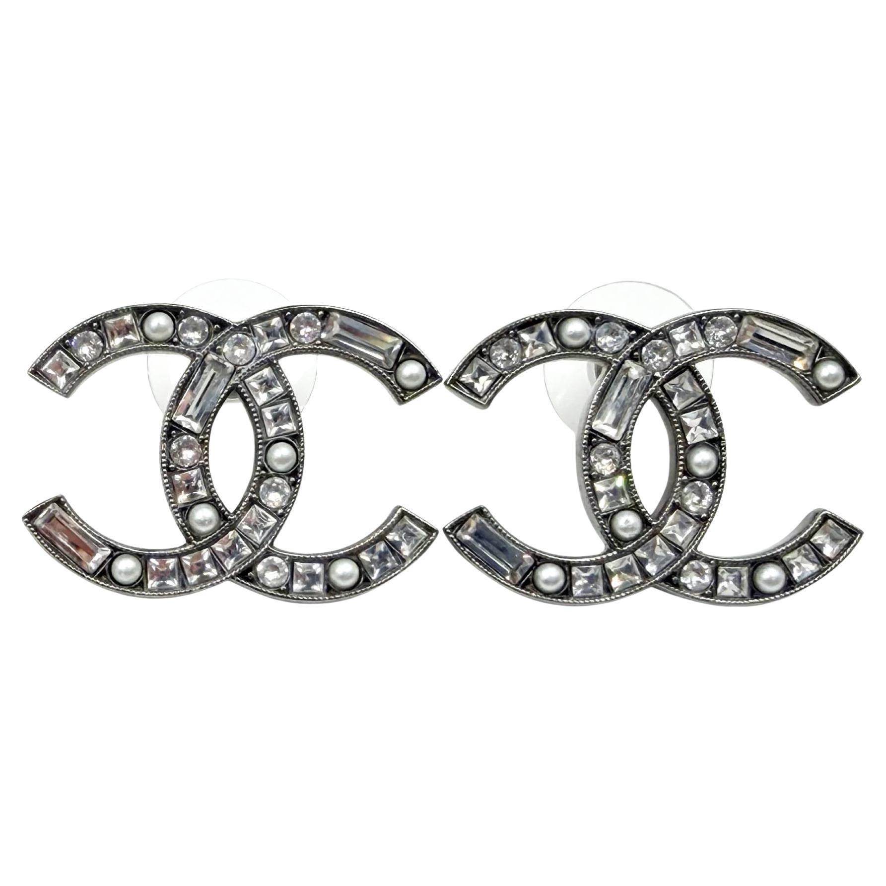 Chanel Gunmetal CC Baguette Princess Crystal Pearl Large Piercing Earrings