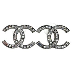 Chanel Gunmetal CC Baguette Princess Crystal Pearl Large Piercing Earrings