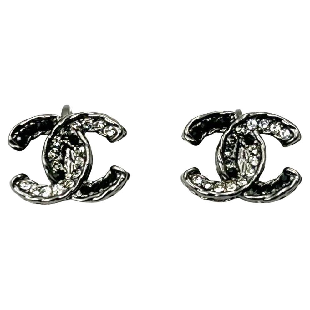 Chanel Gunmetal CC Black Crystal Rope Edge Clip on Earrings