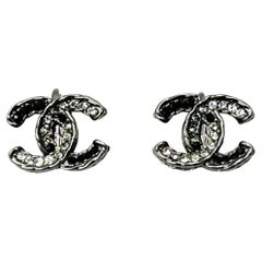 Chanel Gunmetal CC Black Crystal Rope Edge Clip on Earrings