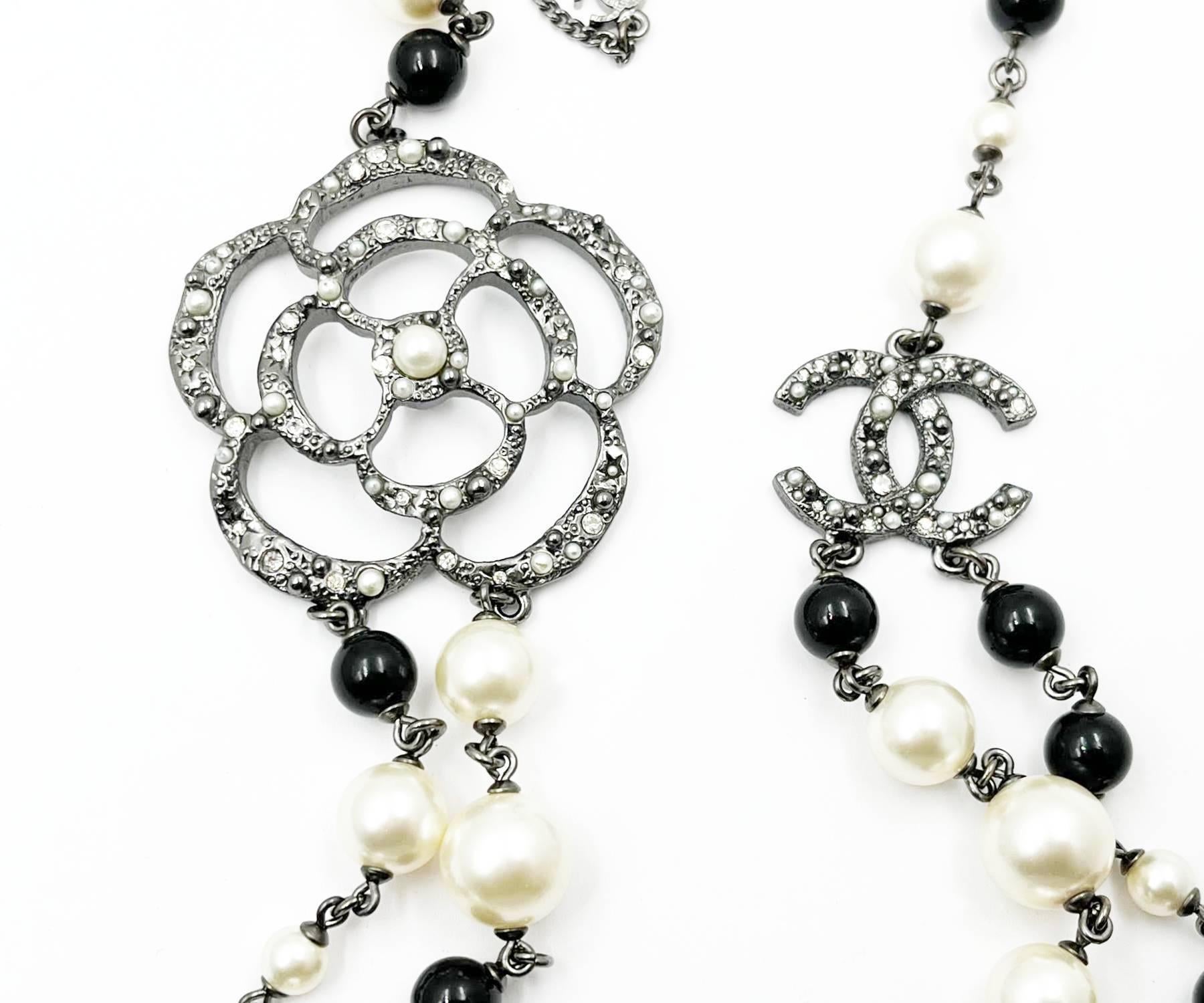 Artisan Chanel Gunmetal CC Camellia Pearl Black Beads 2 Strand Long Necklace