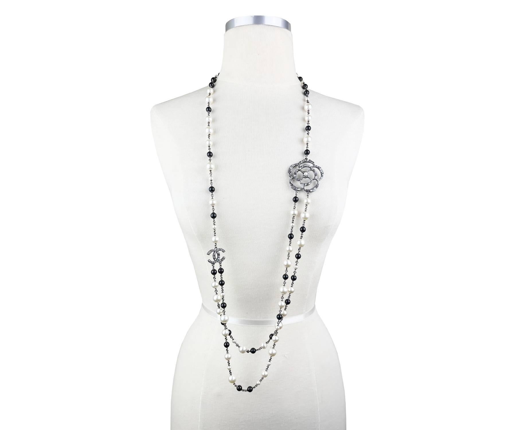 Women's Chanel Gunmetal CC Camellia Pearl Black Beads 2 Strand Long Necklace