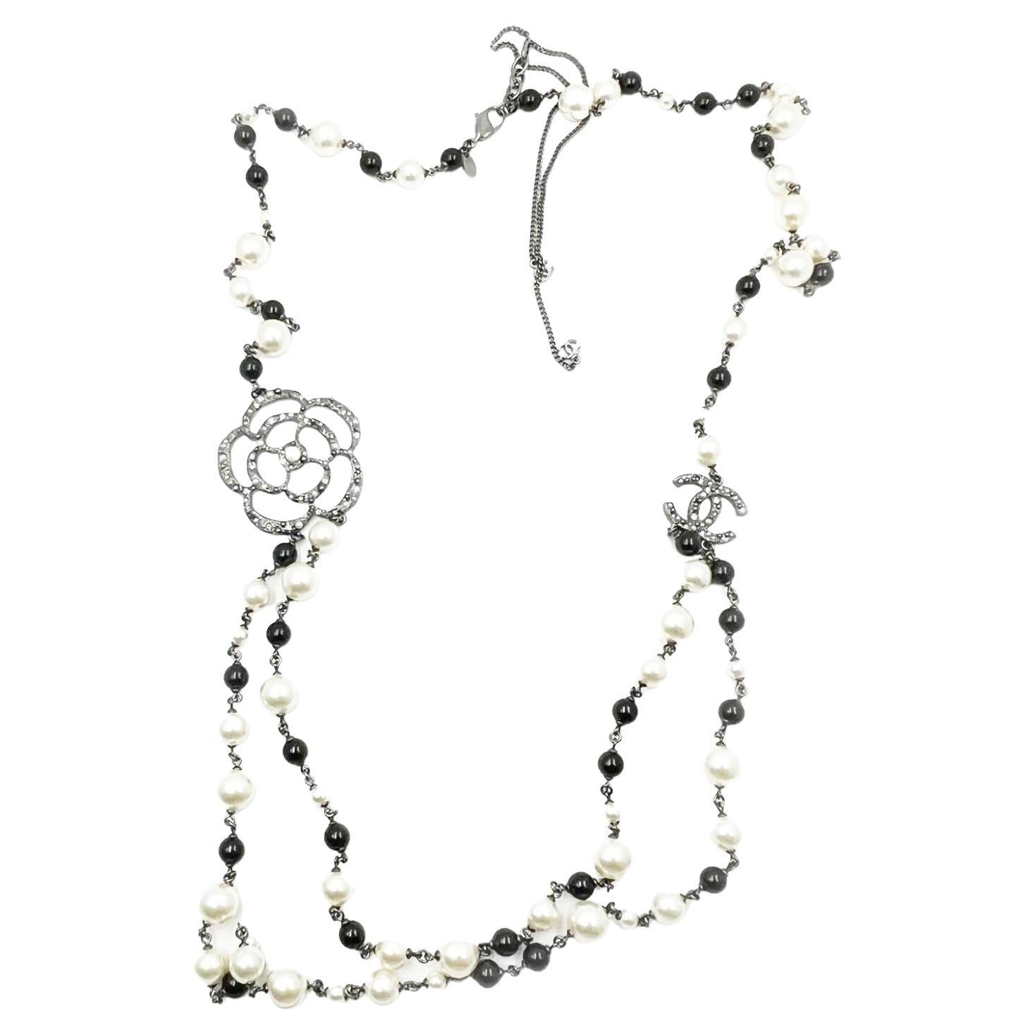 Chanel Gunmetal CC Camellia Pearl Black Beads 2 Strand Long Necklace