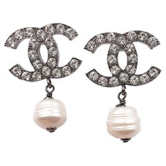 Chanel Gunmetal CC Crystal Faux Baroque Pearl Dangle Piercing Earrings
