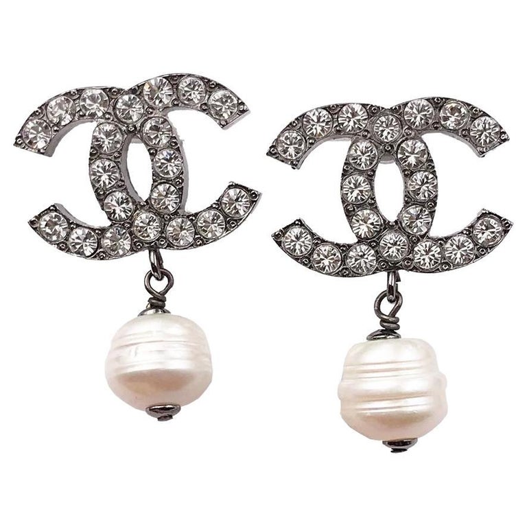 Chanel Gunmetal CC Crystal Faux Baroque Pearl Dangle Piercing