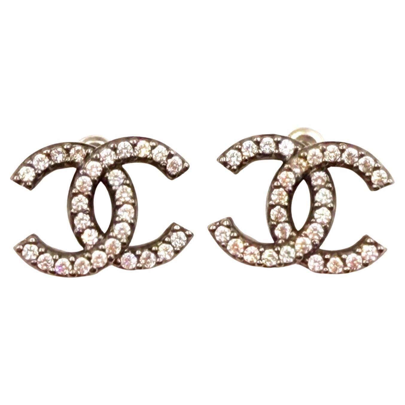 Chanel Gunmetal CC Crystal Medium Piercing Earrings