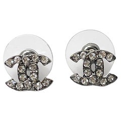 Chanel Gunmetal CC Crystal Small Piercing Earrings 